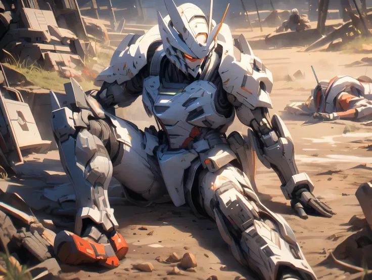 battlefield, Mecha ,SF, Mecha armor, Science fiction, Mechanized, armed soldiers. Dirt and mud. Machine guns. Taking a short rest on their knees. Sharp eyes. Sniping enemy soldiers on a tense battlefield. Mechanized, armed soldiers. Dirt and mud. Machine g...