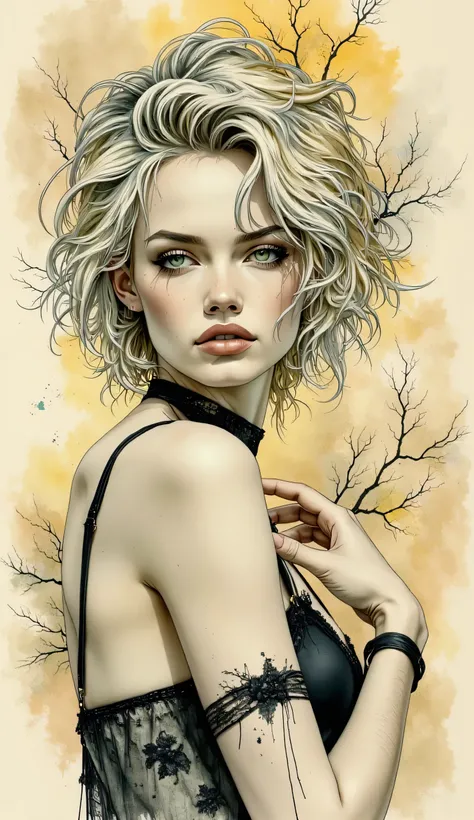  score_9, score_8_up, score_7_up, score_6_up,
fusion of watercolors and oil paintings, mix of monochrome and color, black ink. A beautiful woman with short, fluffy and messy blonde hair, exuding a natural and casual temperament. Her eyes are bright, she is...