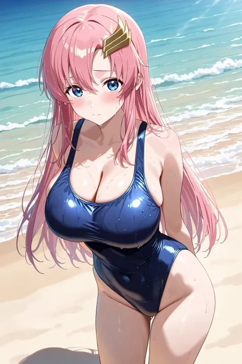 傑作、best quality、{{detailed beautiful face and eyes}}、very detailed background、Lacus Clyne、long hair、straight hair、pink hair、hair ornament、yellow hair ornament、blue eyes、big breasts、large boobs、((school swimsuit,cleavage,high leg cut,slender body,new school...