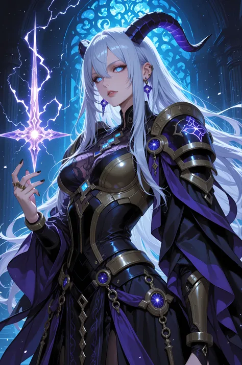 arkane_dark,magic,A regal demon sorceress with curled obsidian horns and piercing blue eyes, her long silver hair cascading over angular armored pauldrons with violet accents. She wears a deep-cut indigo and gold bodice with arcane crystal inlays, her fing...