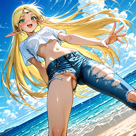 masterpiece,best quality,high score, highres, incredibly absurdres, amazing quality,8K, yuuki nobuteru artstyle,
1girl,solo,dutch angle,
deedlit, pointy ears, elf, blonde hair, green eyes,small breasts,
dynamic expression, blush,embarrassed,smile,open mout...