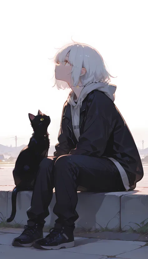 The image depicts a young person with short, spiky white hair, wearing a dark jacket with a light-colored hoodie underneath. They are standing on a paved surface, casting a shadow that suggests a bright, possibly sunny day. Next to them is a black cat, sit...