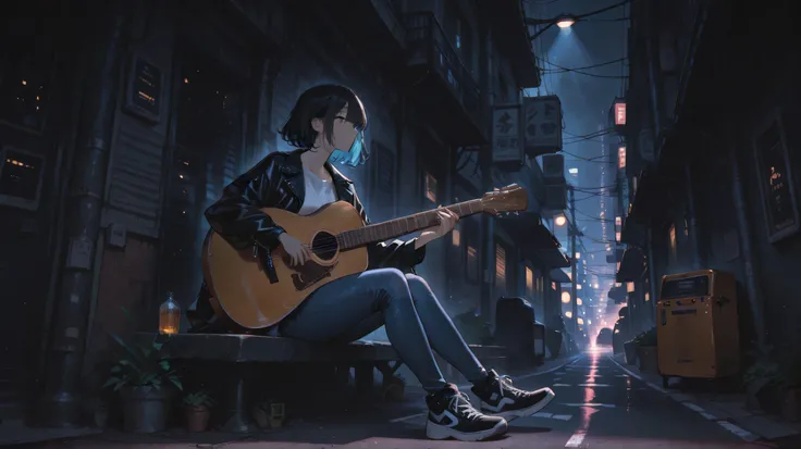 A young female street artist busking at night in an urban city street. She is playing an acoustic guitar under soft street lights. She has short black hair with a mysterious inner two-tone color. She is wearing a white inner T-shirt, a black leather rider ...