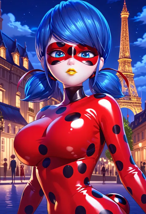 woman, big breasts, yellow lipstick, anime style, white skin, blue hair, pigtails, blue eyes, latex outfit, mask, ladybug latex, Paris, night, Marinete Dupain-Cheng, Ladybug, solo