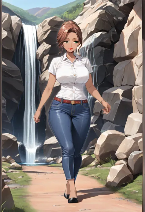 (masterpiece, best quality:1.4), brown hair, green eyes, curvy, female, dark-skinned female, tan, 1girl, solo, mature female, breasts, white shirt, blue jeans, teacher, collared shirt, curvy, red lipstick, outdoors, rocks, gravel road, waterfall, walking, ...
