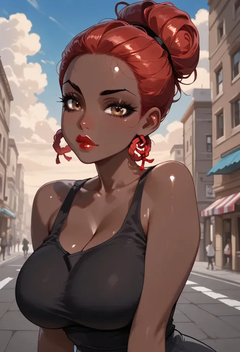 (female african, colored skin, dark brown skin), (red hair, bun knot top hair), (forehead), black thin eyebrows, light brown eyes, black eyelashes, pink eyeshadows, black eyeliners, nose, thick lips, red lips, beautiful face, collarbone, (big breasts), (bl...