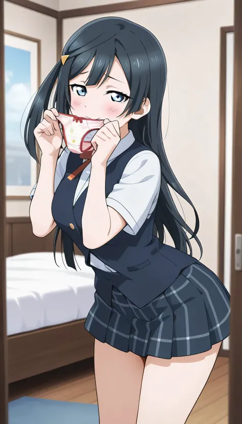 An image of Yuki Setsuna, smug look , white shirt, Blue vest , foldable short skirt, school uniform, thin waist, room , holding and smelling panties with both hands, stained panties, The back of the panties