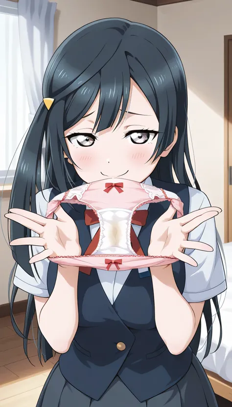 An image of Yuki Setsuna, smug look , white shirt, Blue vest , foldable short skirt, school uniform, thin waist, room , holding and smelling panties with both hands, stained panties, The back of the panties