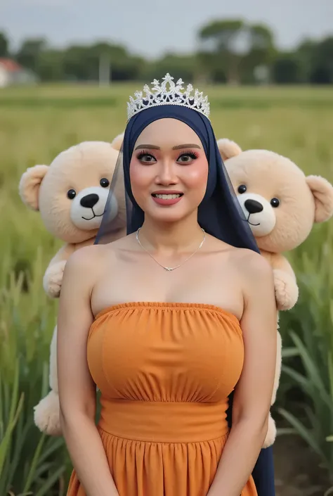 Visible female panties, front posing, ("Facial expression in Happy big Orgasm"), Both hands lying behind the back, Wearing flora print hijab,  (photorealistic:1.6) ((Indonesian hijab)), background rice paddy. daytime atmosphere, (((please don't showing any...