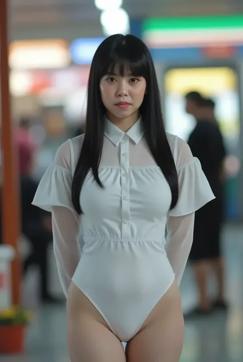 BOTH HANDS ARE PLACED BEHIND THE BACK OF THE BACK, 748cmstyle, 1 Ghost Girl, Cute Ghost,woman in a white sheer bathing suit standing inside 7-Eleven convenience store, she as a cashier, clerks, (bar), expressionless,  (Cashier),  Dark Convenience Store Lig...