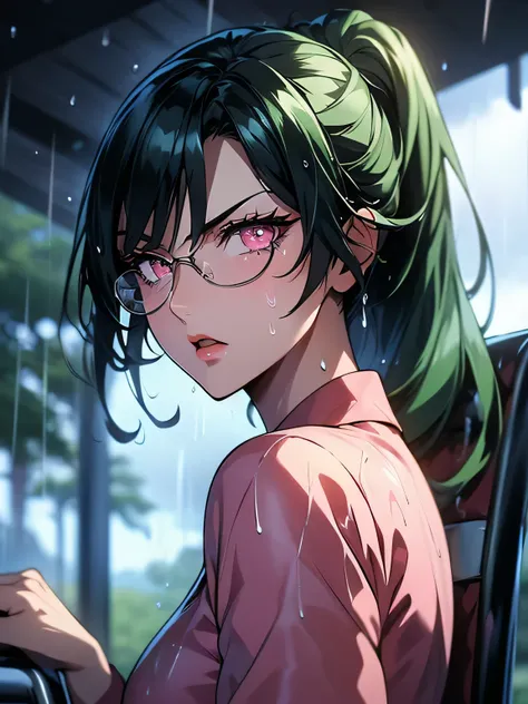 nsfw、animation、Highest image quality、high resolution、highest masterpiece、one woman、(((face with semen on a chair)))、blue-green hair、long hair、ponytail、wearing glasses、((( pink eyes)))、angry amidst enemies、(((rain)))、wind、My hair is wet