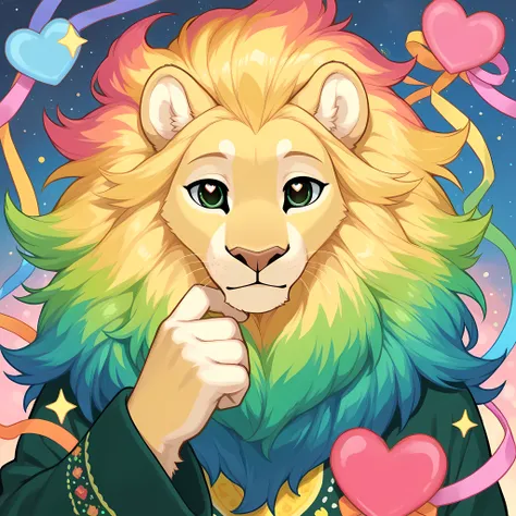 Anthropomorphic lion, mane made out of ribbons, pale yellow fur, colorful mane, droopy eyes, dark green eyes, colorful outfit, core,  welcome home style, clothes filled with stars, heart stamps