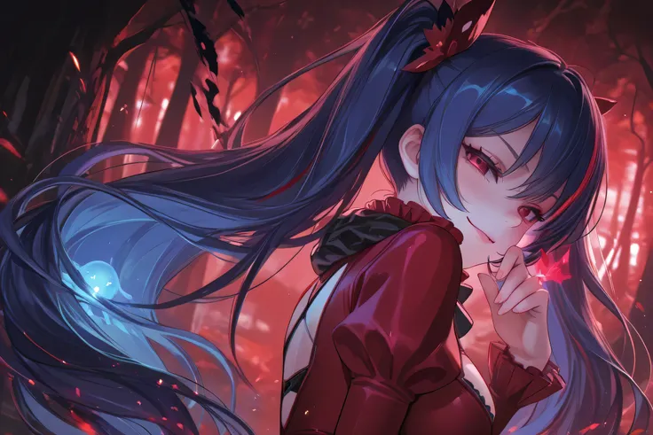 Dratena Belbury , masterpiece , best quality , amazing quality , 1girl , NSFW , chromatic aberration , very long hair , twintails, red eyes , breasts, Virtual world, fantasy, bright colors, glow, sly look, Red forest, fantasy creatures, Looks at the viewer...