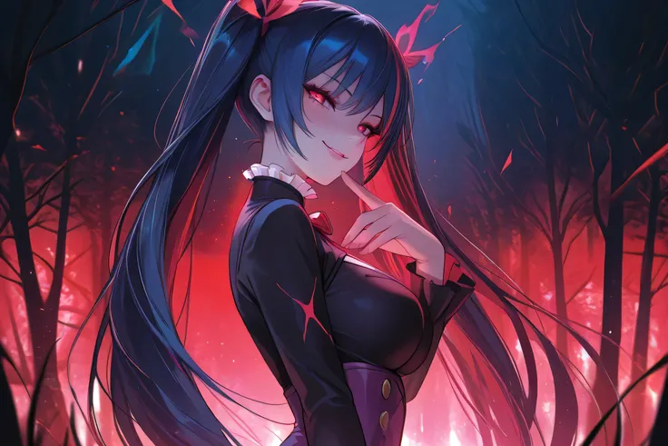 Dratena Belbury , masterpiece , best quality , amazing quality , 1girl , NSFW , chromatic aberration , very long hair , twintails, red eyes , breasts, Virtual world, fantasy, bright colors, glow, sly look, Red forest, fantasy creatures, Looks at the viewer...