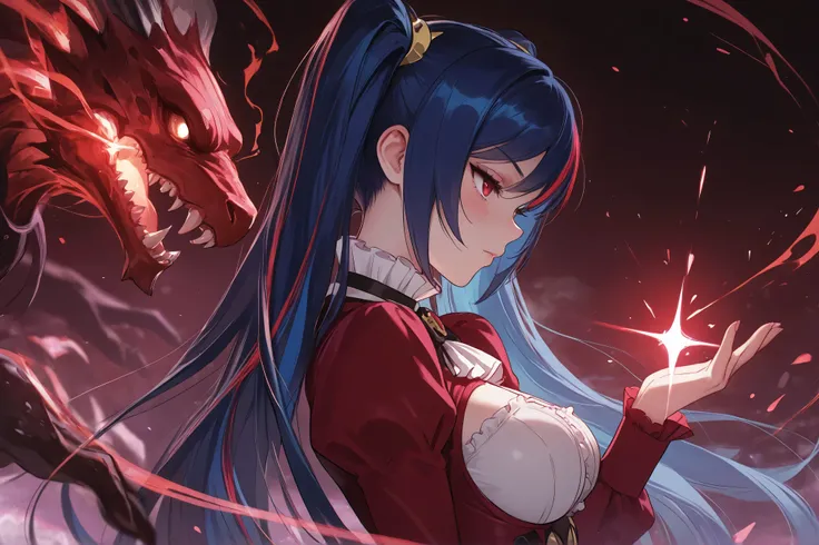 Dratena Belbury , masterpiece , best quality , amazing quality , 1girl , NSFW , chromatic aberration , very long hair , twintails, red eyes , breasts, Virtual world, fantasy, bright colors, glow, astonishment, Red forest, fantasy creatures, Side view, Fant...