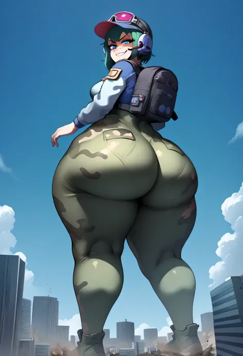 score_9, score_8_up, nsfw, score_7_up,derpibooru_p_95, rindou, masterpiece, (very wide hips:1.1), thick thighs,1girl, ela, ElaSDXL, cap, goggles, green hair, blue eyes, headset, smug, superior, freckles on face ,solo, (close up on ass), low angle, (lower b...