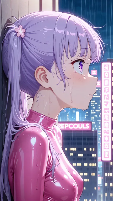 (profile:1.5),(close up1.5),(beautiful girl: 1.3),1girl,(pink Latex:1.3),Highest quality,8k,Highly detailed CG unit wallpaper,masterpiece,top-quality,RAW Photos,real texture skin,Huge buildings,metropolis,Aoba SUZUKAZE,purple hair, long_twintails, small br...
