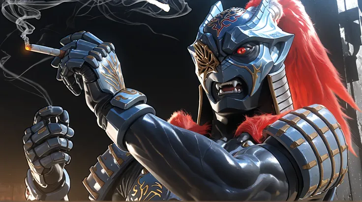 (Zamushar, pitch black manly body, masculine, muscular, defined muscles, bara, detailed armor), nsfw, monster male, shiny skin, red hair, ponytail, white pupils, fangs, uneven eyes, (one-eyed), chest armor, waist armor, Gauntlets, (muscular), leg guard, ev...