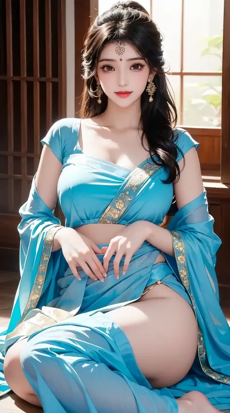 1girl, cute face,pretty face, jaw dropping beauty, cute smile, indian girl, ((indian mythology dress)),((indian mythology girl)), cute indian girl, bindi, ((beautiful bindi)), ((beautiful shiny accessories)), accessories, pony tail,((sanskari dress)), ((pu...