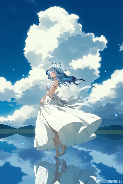purple eyes, colored eyelashes, blue hair, hair intakes, medium hair, 1girl, walking on water, blue sky behind, water reflects, 
purple eyes, colored eyelashes, blue hair, hair intakes, medium hair, two-tone veil, blue butterfly on veil, silver choker, fri...