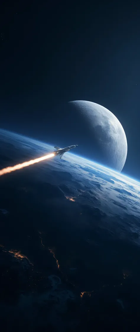 最High Quality、High Quality、Spaceship SpaceX Rocket Crossing the Moon、Night Sky High Definition 8k Wallpaper、View of Earth's Atmosphere in Outer Space、Star and Moon Details、Photorealistic Orientation y、Highly Detailed Atmospheric Scenery、complicated、high de...