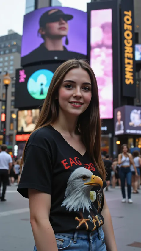 high res image、young woman from the Yanderella Girls、cute face、Yanderella Girls live in the background、Eagles t-shirt、denim pants style、facial details、Full body high resolution、Rockefeller Center Square、young woman watching the Eagles live、Smiling and look...