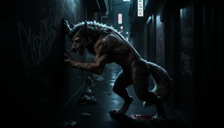 paws to mouth, own body, wolf , human morfing into wolf, detailed blond fur, gradual brown fur, big animal toes, darkness, night dramatic, deep shades, city, corner, graffiti, trash around, tattered clothes, scraps, nsfw, scars, wound, scratched, scratch, ...