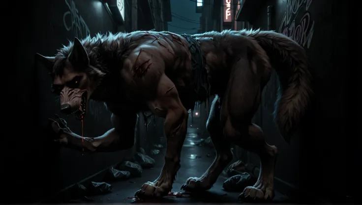 paws to mouth, own body, wolf , human morfing into wolf, detailed blond fur, gradual brown fur, big animal toes, darkness, night dramatic, deep shades, city, corner, graffiti, trash around, tattered clothes, scraps, nsfw, scars, wound, scratched, scratch, ...