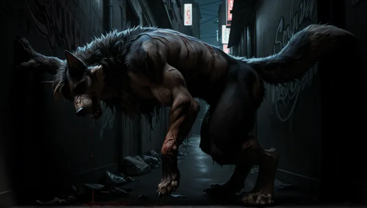 paws to mouth, own body, wolf , human morfing into wolf, detailed blond fur, gradual brown fur, big animal toes, darkness, night dramatic, deep shades, city, corner, graffiti, trash around, tattered clothes, scraps, nsfw, scars, wound, scratched, scratch, ...