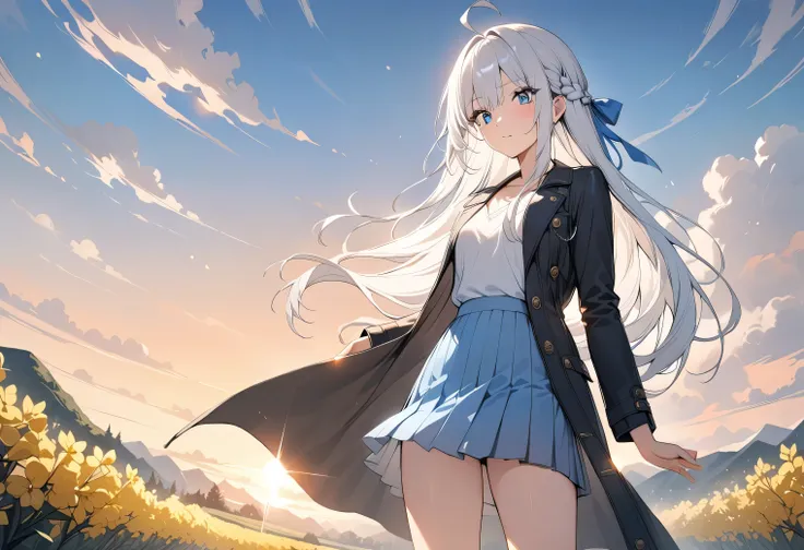 Resolution full, very accurate, best quality, masterpiece, cinematic lighting, full HD, very sharpener, best art, very accurate, forsythia field background, 1girl, solo, cute girl, beautiful and cute girl, white hair, long hair, braid hair, bangs hair, aho...