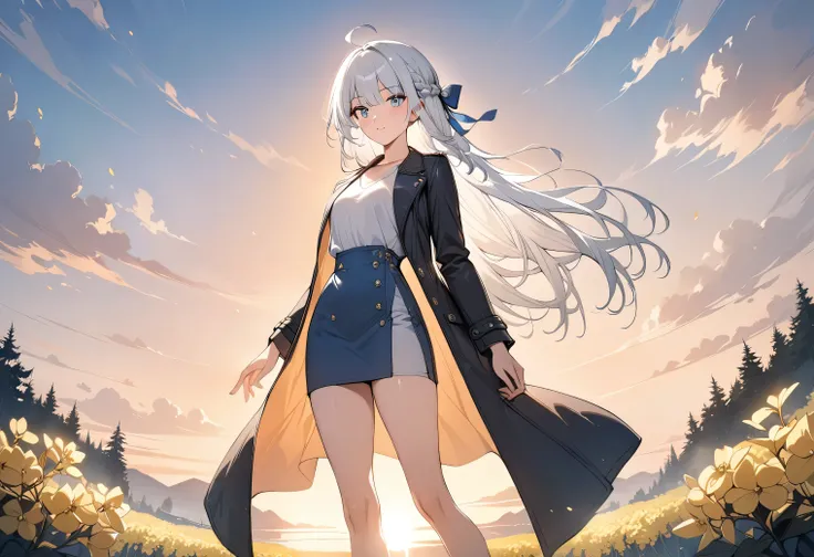 Resolution full, very accurate, best quality, masterpiece, cinematic lighting, full HD, very sharpener, best art, very accurate, forsythia field background, 1girl, solo, cute girl, beautiful and cute girl, white hair, long hair, braid hair, bangs hair, aho...
