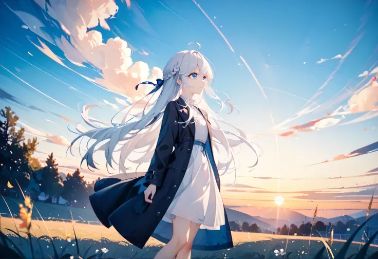 Resolution full, very accurate, best quality, masterpiece, cinematic lighting, full HD, very sharpener, best art, very accurate, forsythia field background, outdoor, 1girl, solo, cute girl, beautiful and cute girl, white hair, long hair, braid hair, bangs ...