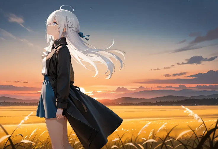 Resolution full, very accurate, best quality, masterpiece, cinematic lighting, full HD, very sharpener, best art, very accurate, forsythia field background, outdoor, 1girl, solo, cute girl, beautiful and cute girl, white hair, long hair, braid hair, bangs ...