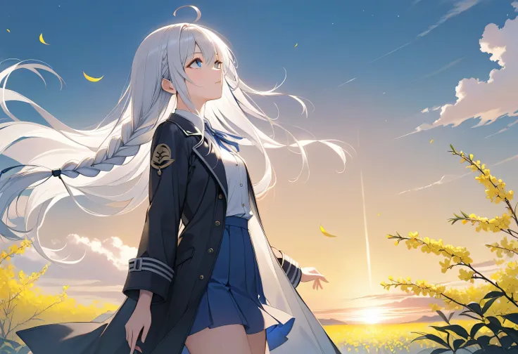 Resolution full, very accurate, best quality, masterpiece, cinematic lighting, full HD, very sharpener, best art, very accurate, forsythia field background, outdoor, 1girl, solo, cute girl, beautiful and cute girl, A perfectly beautiful face, white hair, l...