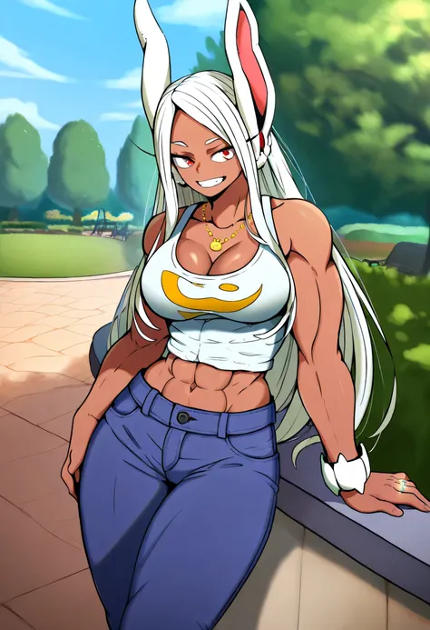 1girl, dark skin, muscular female , rabbit ears, dark-skinned female, breasts, animal ears, mirko, abs, long hair, solo, muscular, rabbit girl, navel, bare shoulders, toned, white hair, large breasts, smile, collarbone, Jewelry, cleavage, bracelet, ring, n...