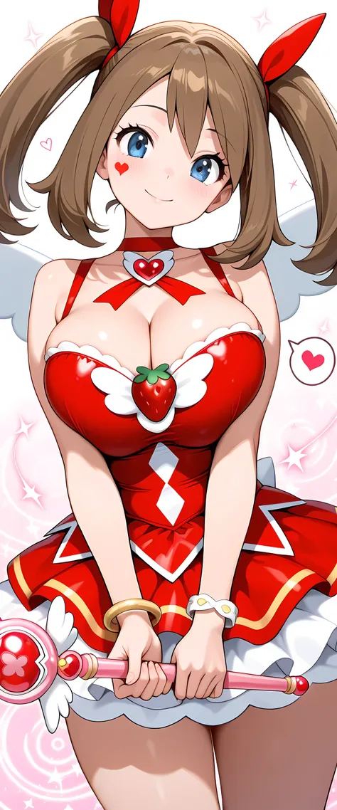 (masterpiece), (highest quality), (illustration), (super detailed), (high resolution), absurdity, 1girl,solo,may_(pokemon),(long hair),(twintails),strawberry cake,desserts background,magical girl,magical girl costume,red clothes,wings,patterned dress,bare ...