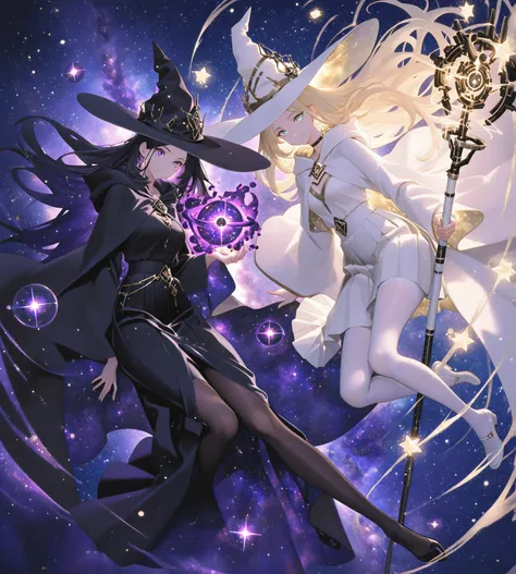 Two identical tall girls, twin wizards, full body, diagonal composition, dynamic angle. One has long blonde hair, the other has short black hair. Each girl wears a long flowing black cloak, dark on the outside and lined on the inside with a vivid galaxy. T...