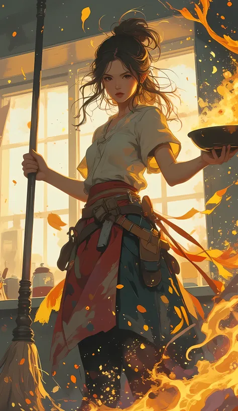 anime-style digital painting, a powerful housewife queen in a dynamic pose, wielding a mop like a glowing sword, wearing a battle apron with cleaning tools strapped around her waist, holding a steaming frying pan in her other hand with magical energy and s...