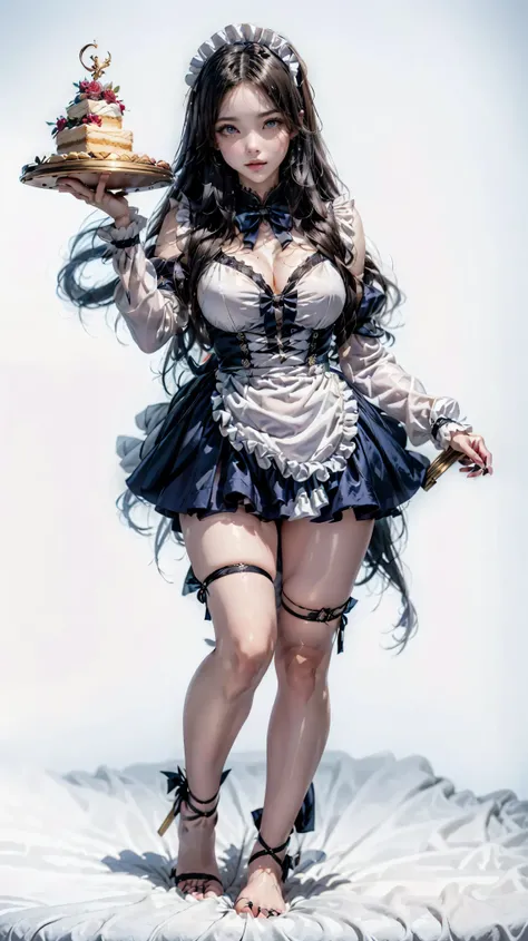 anime character of a maid holding a tray with a cake,  anime girl in a maid costume , maid costume, garota de anime com fantasia de gata em um dressed as a maid, Azur Lane Characters,  from the video game Azur Lane , empregada linda, small and curvy , dres...
