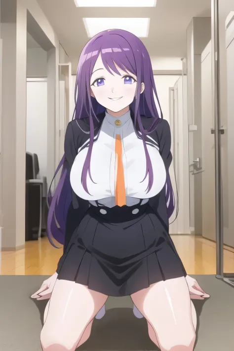 Purple Long Hair,Uniform ,Can you draw a nice smile,,High School Uniforms,navy blue miniskirt,,OL ,Inside the building,Let's draw a more delicate expression,A woman with a lovely smile,Delicate expression is given top priority, so I definitely need a face,...