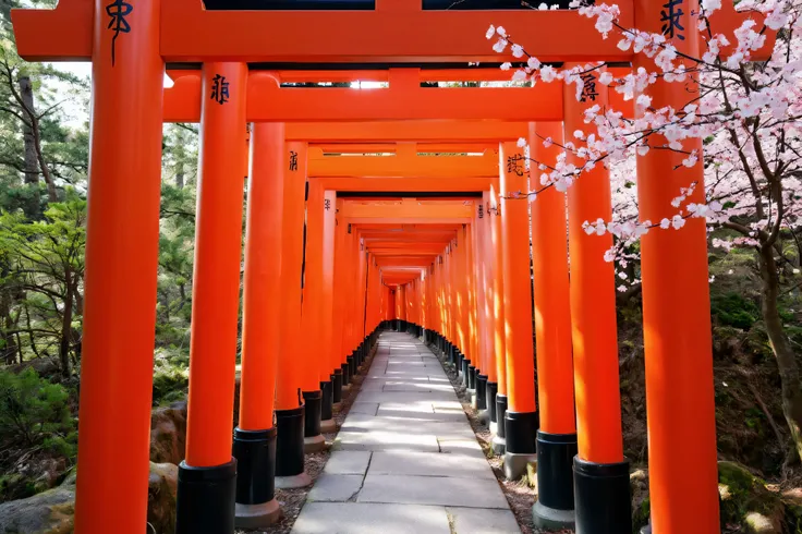 spring、Kyoto、Fushimi Inari ,cherry blossoms、Continuous torii gate、realistic、calm appearance、Realistic footage