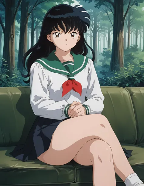score_9, score_8_up, score_7_up, source_anime,
kagomehigurashi, 
kagome higurashi, long hair, black hair, retro artstyle, brown eyes,
skirt, shirt, long sleeves, school uniform, white shirt, pleated skirt, serafuku, sailor collar, neckerchief, green skirt,...