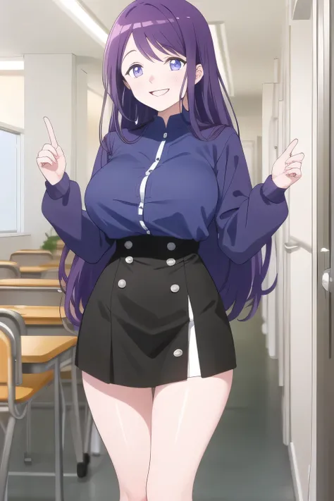  city tour ,standing in the teacher's house，with a thin waist even with big breasts，even with big breasts and a thin waist，Skinny woman，Purple Long Hair，Uniform ，Can you draw a nice smile,，High School Uniforms，navy blue miniskirt,，OL ，Inside the building，L...