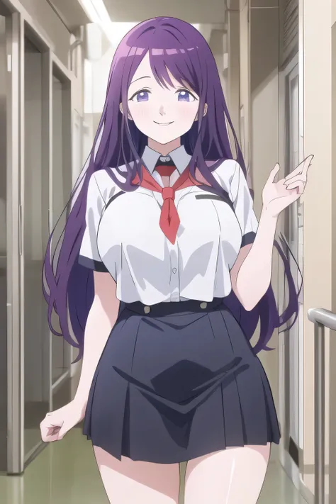   city tour   ,cowboy angle under，すらりと細いウエストにBig breasts，Even if my breasts are big and my waist is thin，Slender Woman，Purple Long Hair，uniform ，Can you draw a nice smile,，High School uniforms，navy blue miniskirt,，OL ，Inside the building，Let's draw a more...