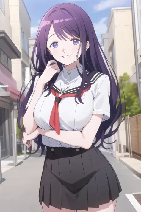    city tour   ,cowboy angle under，すらりと細いウエストにBig breasts，Even if my breasts are big and my waist is thin，Slender Woman，Purple Long Hair，uniform ，Can you draw a nice smile,，High School uniforms，navy blue miniskirt,，OL ，Inside the building，Let's draw a more...