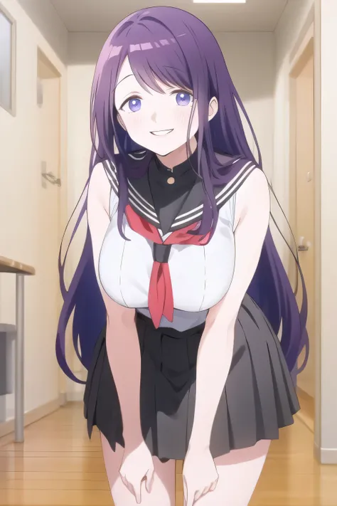 city tour ,women in light clothing in sleeveless clothes,pleated micro mini skirt,cowboy angle under,すらりと細いウエストにBig breasts,Even if my breasts are big and my waist is thin,Slender Woman,Purple Long Hair,uniform ,can you draw a nice smile,,High Schoo...