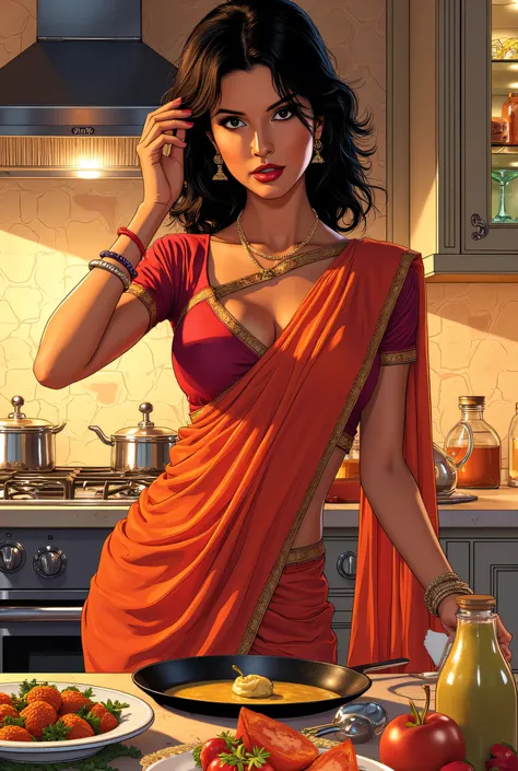 Comic page of 35 year old indian slim, sexy woman, wears saree and blouse, having sexual facial expressions, cooking food in her kitchen.