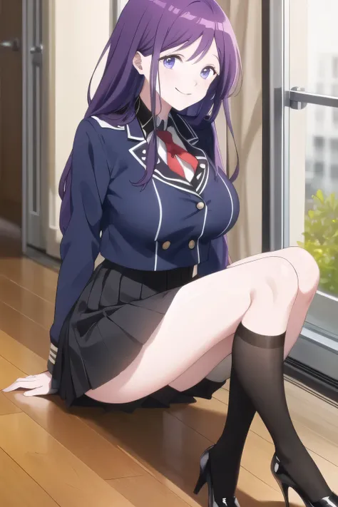      city tour     ,More scantily dressed women，The pleated micro mini skirt，Beautiful legs,high heels，cowboy angle under，すらりと細いウエストにBig breasts，Even if my breasts are big and my waist is thin，Slender Woman，Purple Long Hair，uniform ，Can you draw a nice smi...