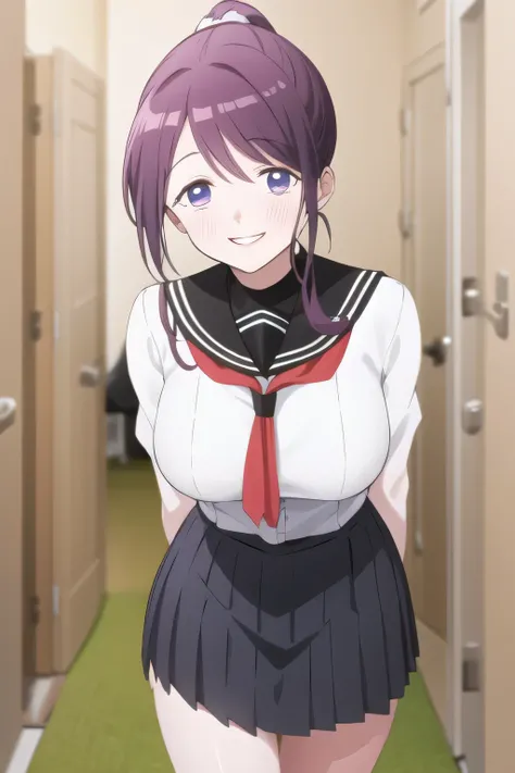 can you draw a woman with ponytail hair, city tour ,Women wearing fewer clothes,Pleated Micro Mini Skirt,beautiful legs,high heels,cowboy angle under,すらりと細いウエストにBig breasts,Even if my breasts are big and my waist is thin,Slender Woman,Purple Long...