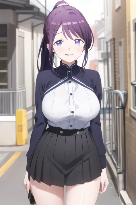  Can you draw a woman with hair in a ponytail，       city tour       ,A woman wearing minimal clothing，The pleated micro mini skirt，beautiful legs,high heels，cowboy angle under，すらりと細いウエストにBig breasts， Even if she has a large chest and a slim waist，Slender ...